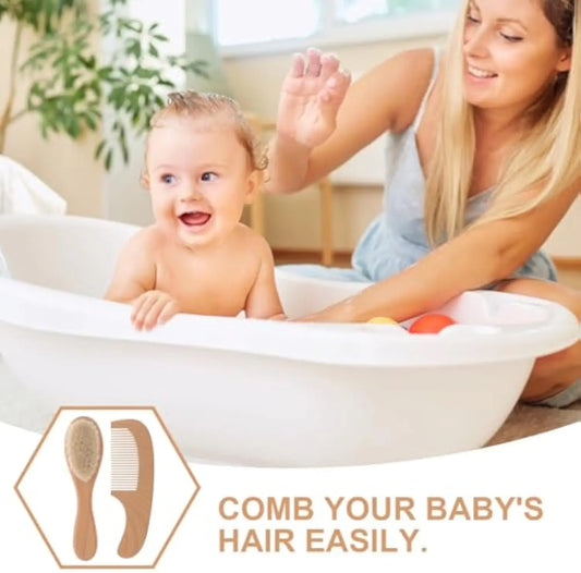 2pcs Baby Comb Set Baby Care Hair Brush Beech Soft Wool Wood Comb Newborn Massager Baby Shower And Gift Baby Hair Soothing
