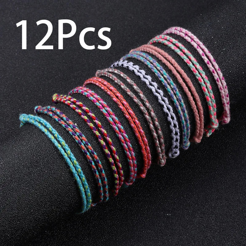 12Pcs/Set Colorful Cotton String Hand-Woven Waterproof Bracelets – Adjustable Bohemian Surf Beach Style