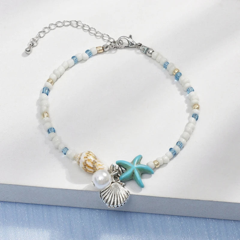 Pulsera Bohemia de Estrella de Mar Azul para Mujer y Niña – Abalorio de Concha de Mar con Cuentas Ajustables de Verano – Joyería de la Amistad