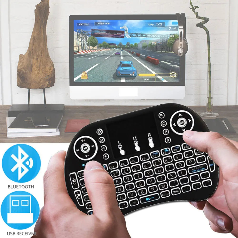 Miniteclado inalámbrico Bluetooth 2.4G con retroiluminación colorida y teclas en ruso y español: i8 para Android TV Box y PC