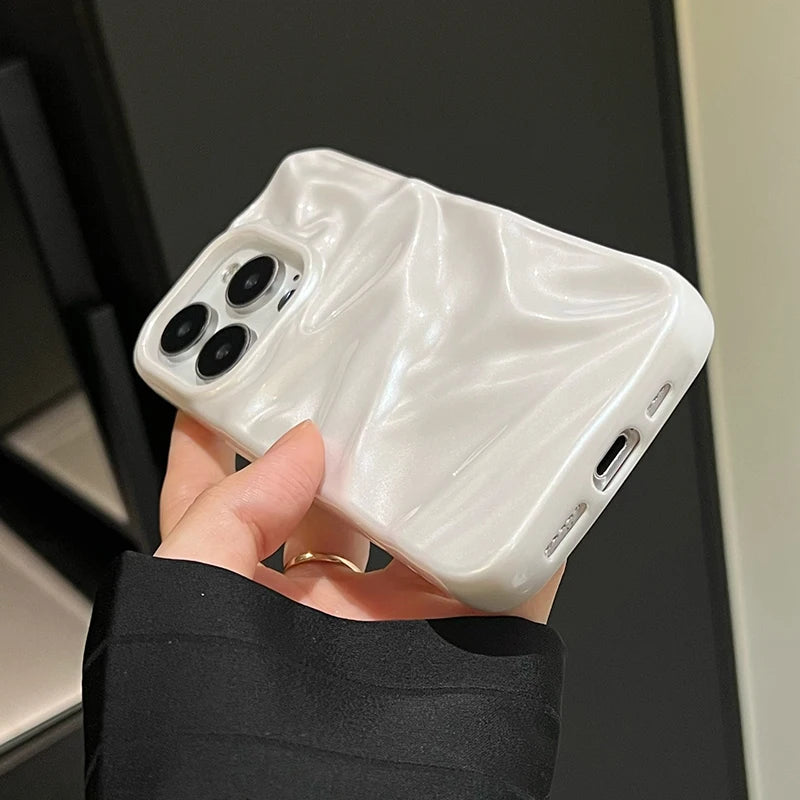 Pearl White Folds Texture Case For iPhone 16 13 14 11 12 Pro Max 15 Plus Stylish Glossy Soft TPU Phone Back Cover