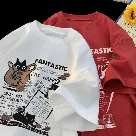 New Men Women T Shirt Pullover Oversize Korean version Cartoon Cat Group Printed T-Shirt Casual Short Sleeve Couples T-Shirt