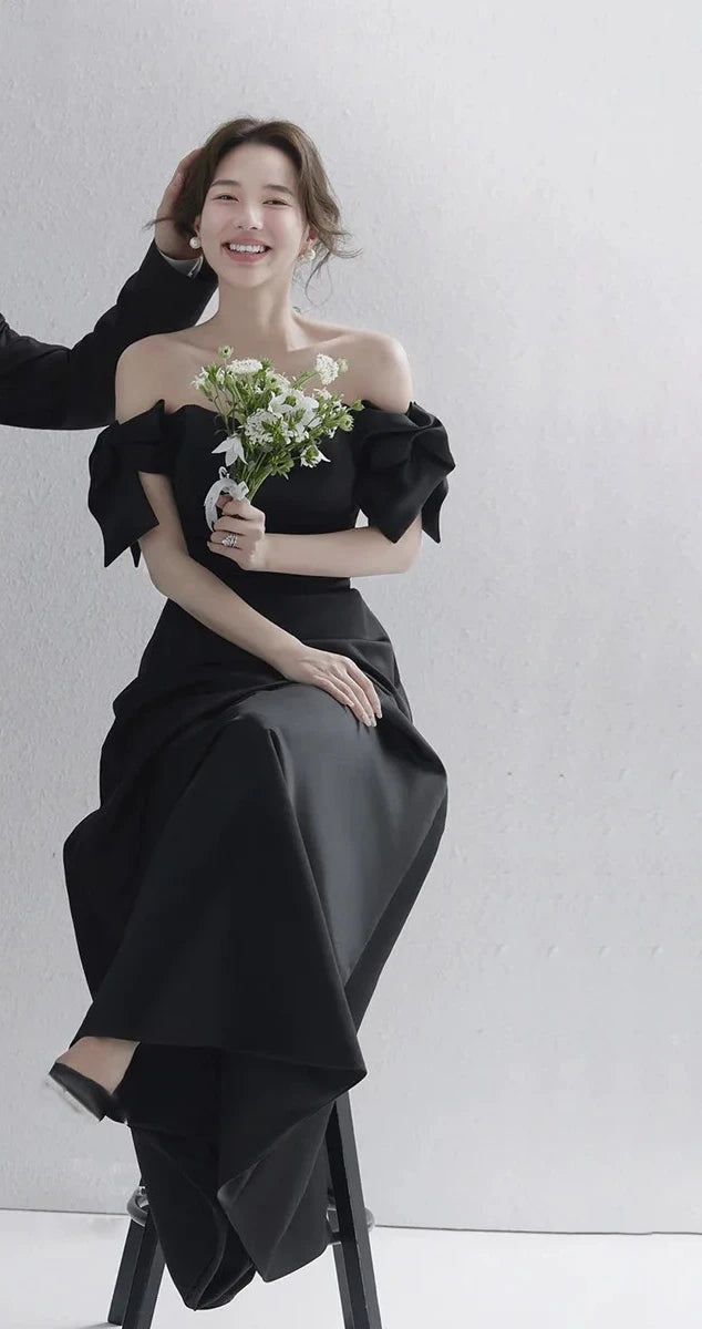 Wedding Dresses Sweet Bow Off The Shoulder For Women 2025 Satin Black Evening Dress Elegant Floor-length Simple Wedding Shooting