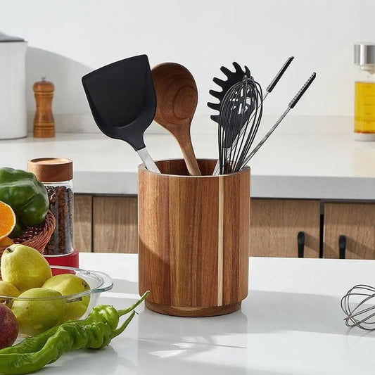 Kitchen Counter Cutlery Box Wooden circular Cooking Tool Rack Round Spatula Storage and Sorting Box Storage Bucket