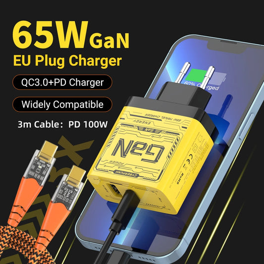 EU/US Plug PD65W GaN Fast Charger with Type-C and USB-A Interface Universal Dual Port Wall Charger Plug for Phones/Pads/Laptops