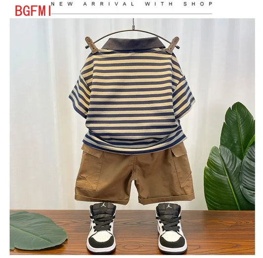 Korean Children's Clothes 2025 Summer Kids Clothes Boys Outfits Baby Thin Short Sleeves Stripe Polo Shirt +Shorts Two Pieces Set