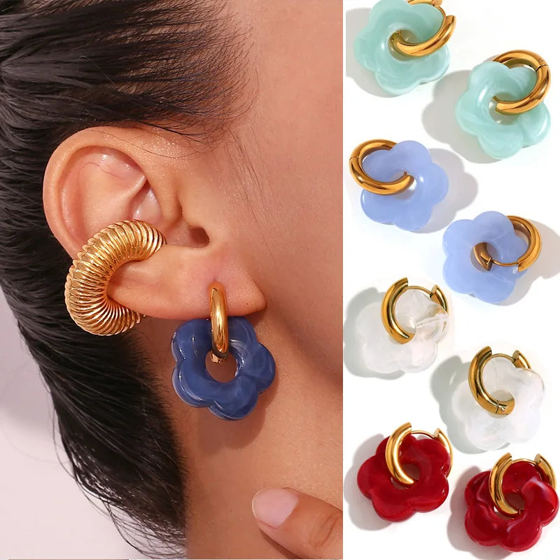 Colorful Flower Resin Acrylic Charms Hoop Earrings – Fashion Jewelry for Women