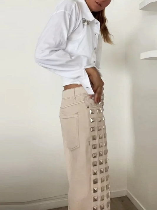 Casual Bead Jean Women Loose High Waisted Pockets Zipper All-match Straight Leg Trouser Female 2025 Y2k High Street Lady Outwear