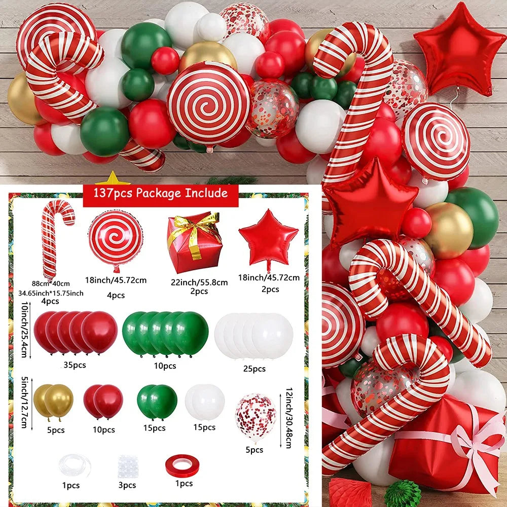 137PCS Christmas Balloon Set Candy Cane Aluminum Film Balloon Red Green White Christmas New Year Balloon Chain Arch Wreath Set