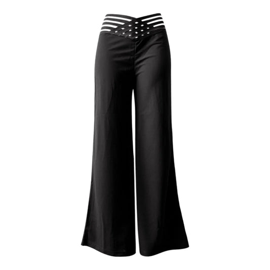 Women Wide Leg Flared Pants Autumn Casual Crisscross Sheer Mesh Patch High Waist Trousers Y2k Streetwear Elegant Work Pant