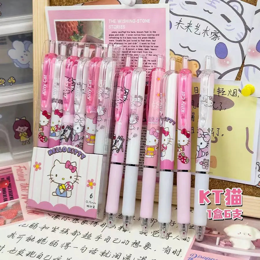 6pcs Cartoon Kuromi Writing Pen Kawaii Hello Kitty Cinnamoroll Melody 0.5mm Quick Drying ST Gel Pen Student School Stationery