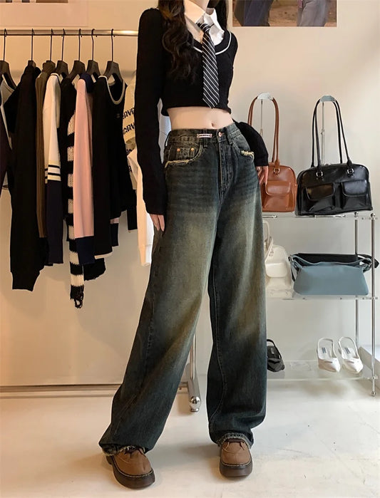 Women's Harajuku Style Loose Wide Leg Jeans Autumn Winter Street Fashion Retro Straight Loose Denim Trousers 