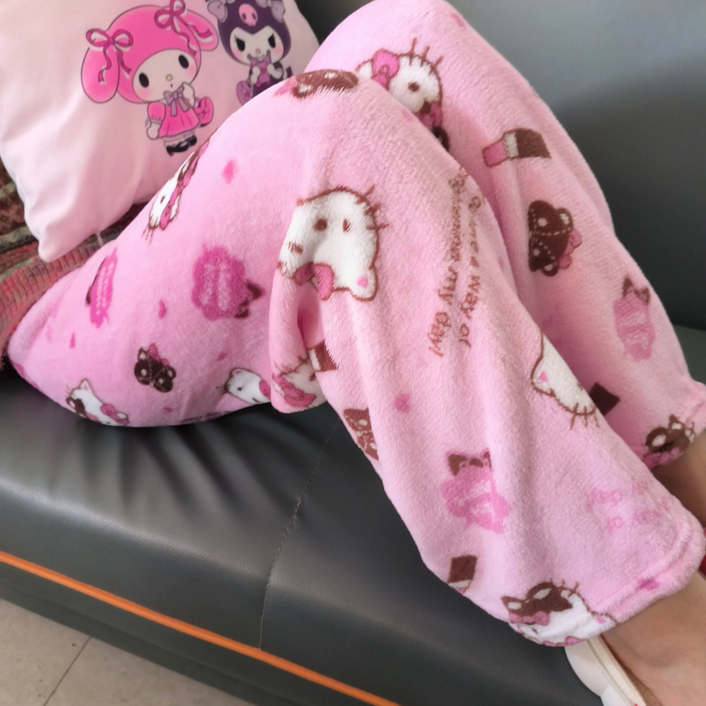 Thicken Hello Kitty Pajama Pants Sanrio Anime Fleece Double Elastic Fabric Soft Trousers Women Trousers Cartoon Birthday Gift
