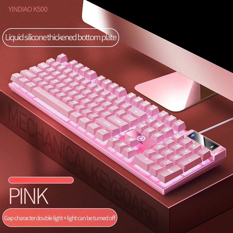 K500 Pink Wired Gaming Keyboard – 104 Keys Mixed White & Pink Keycaps for Laptop & PC