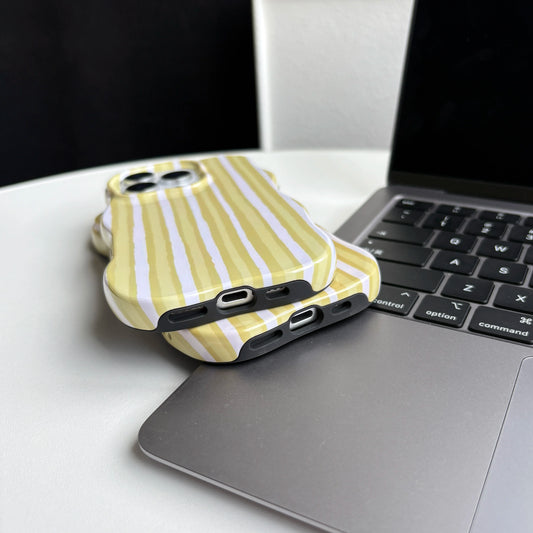Fashion Simple Green Yellow Stripes Wavy Edges 2-in-1 Glossy Soft Protective Phone Case Cover for iPhone 16 15 14 13 12 Pro Max