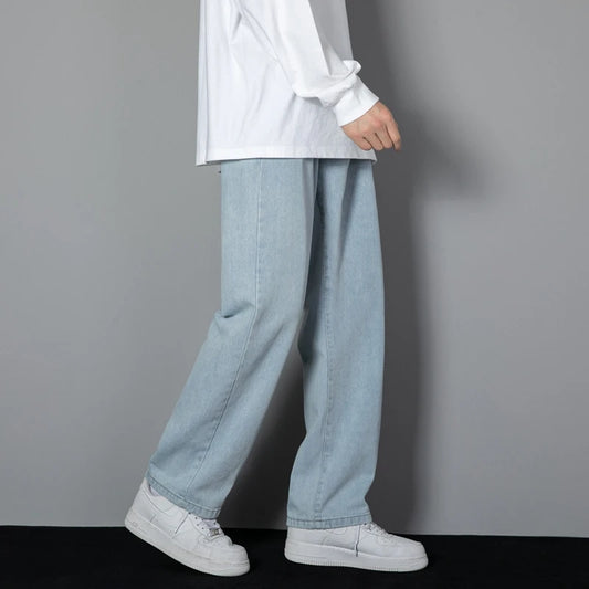 2025 New Korean Men's Casual Long Jeans Classic Man Straight Denim Wide-leg Pants Solid Color Light Blue Grey Black