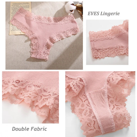 3/5PCS Lace Seamless Cotton Panties Ribbed Brazilian Pants Low Waist Women Panties Breathable Girls Underwear Plus Size Lingerie