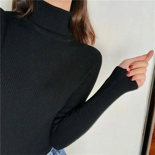 Autumn Winter Thick Sweater Women Knitted Ribbed Pullover Sweater Long Sleeve Turtleneck Slim Jumper Soft Warm Pull Femme