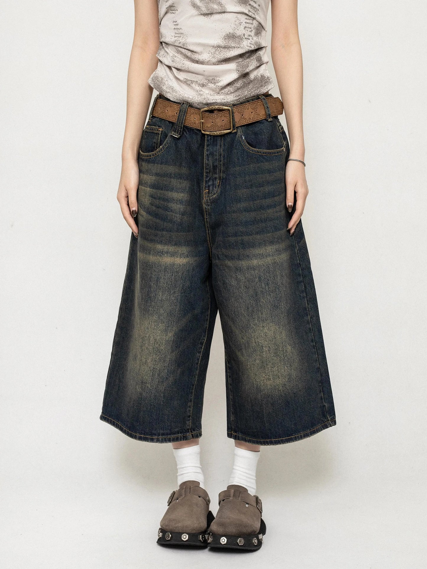 Harajuku Vintage High Waist Black Retro Washed Denim Shorts Women's Fashion Casual Loose Fit Y2K Streetwear Mid Long Short