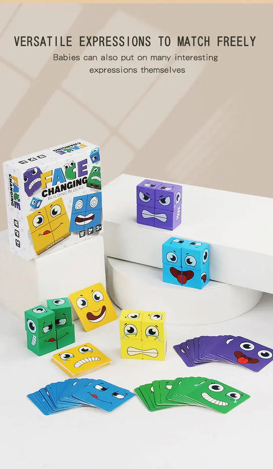 Kids Emotions Expression Game Wooden Cube Face Changing Board Cartoon Puzzle Toy Montessori Thinking Challenge Games