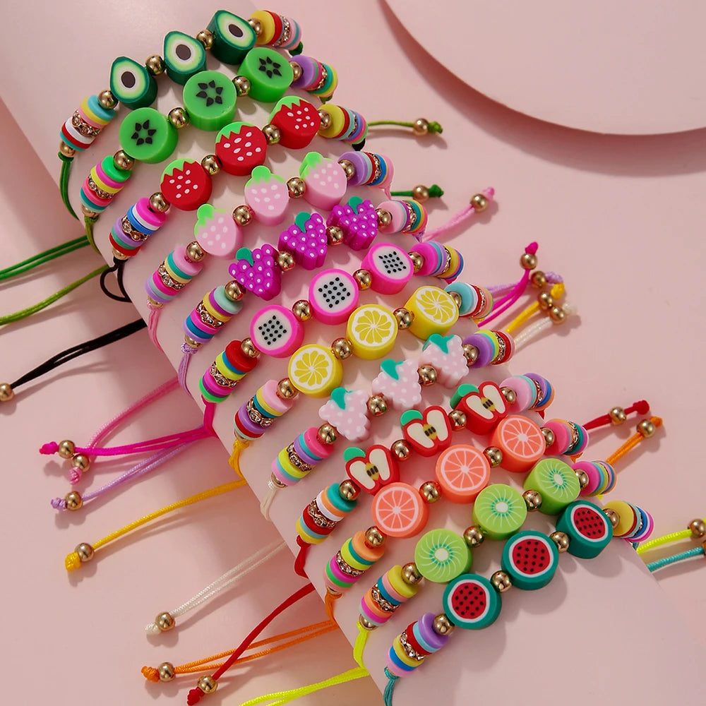 12-piece Colorful Summer Fruit Polymer Clay Adjustable Bracelets for Girls