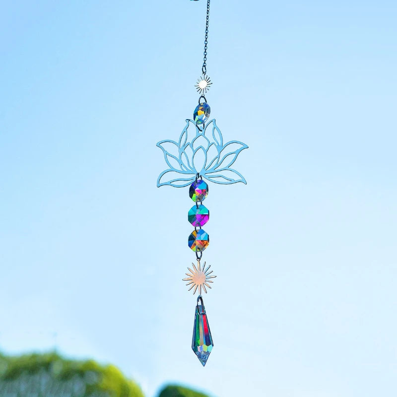 1Pc Metal Lotusand Artificial Crystal Suncatcher Charm Handmade Applicable Home Wind Chime Pendant Outdoor Garden Plant