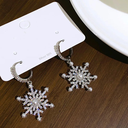 Luxury Sparking Crystal Snowflake Earrings For Women Shiny Zircon Imitation Pearl Earring Christmas New Year Party Jewelry Gifts