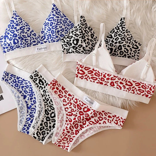 Women Seamless Bra Set Low Waist Panties Leopard Bralette Sexy Lingerie Set Vneck Sport Brassiere Female Cotton Underwear Set