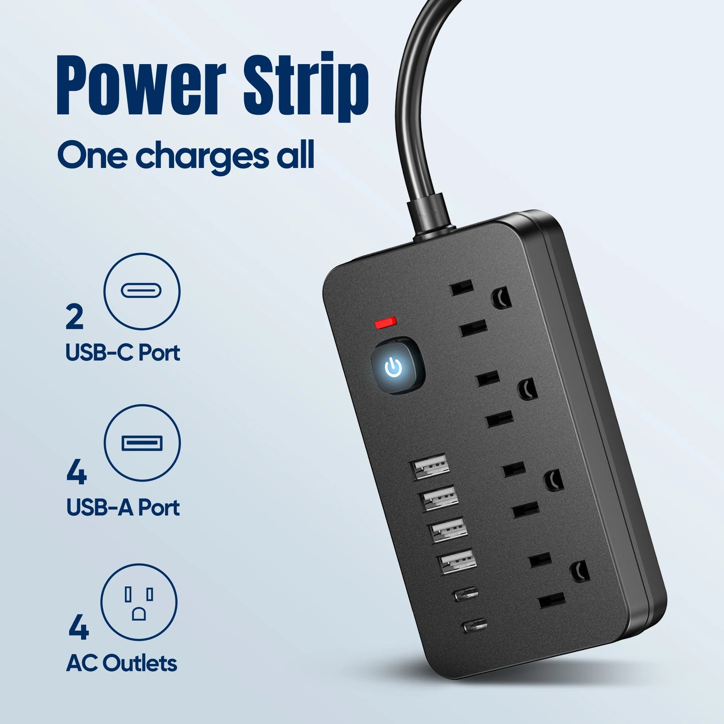 10-in-1 US Power Outlet Surge Protector – 10ft Extension Cord with 4 AC Outlets, 4 USB Ports & 2 Type-C for Desktop Charging