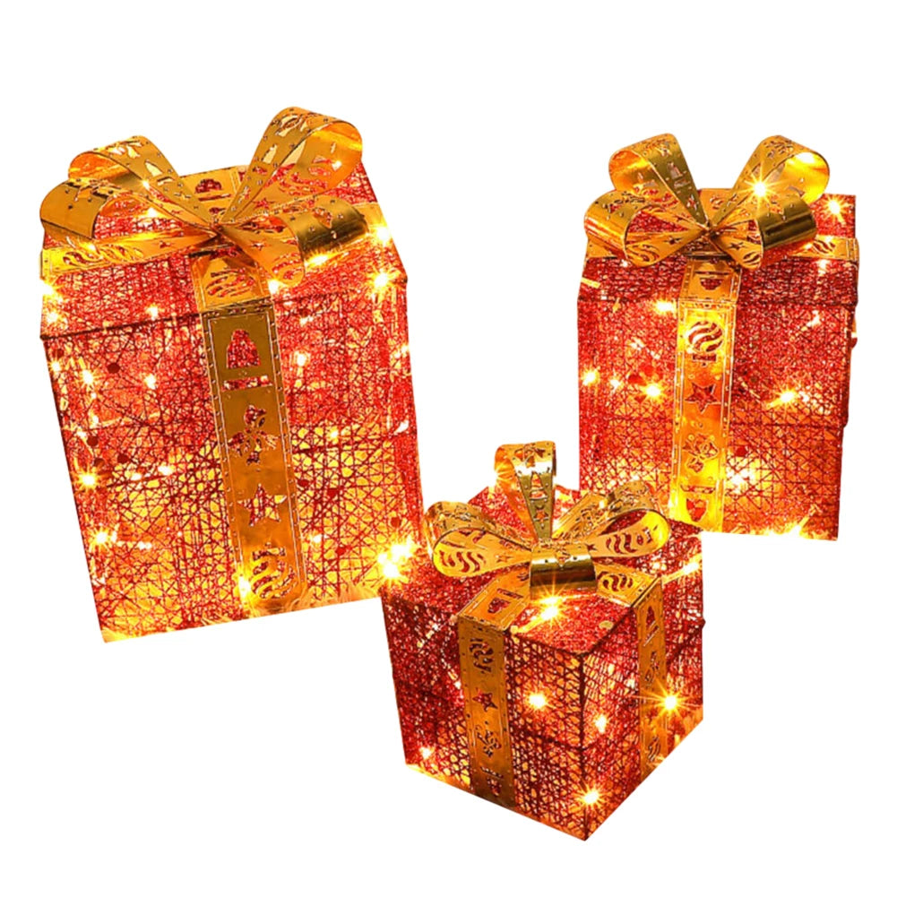 Christmas Foldable Lighted Metal Boxes 25/20/15CM Set of 3 Battery Operated for Outdoor Indoor Christmas Tree/Yard/Home Decor