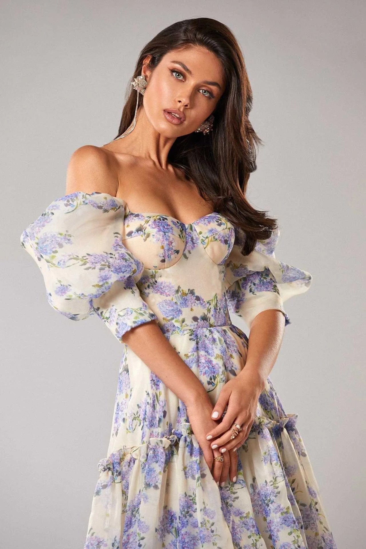 Elegant Floral Print Evening Party Dresses Women Charming A-line Off Shoulder Boat Neck Loose Short Sleeve Prom Gowns Robe Dress