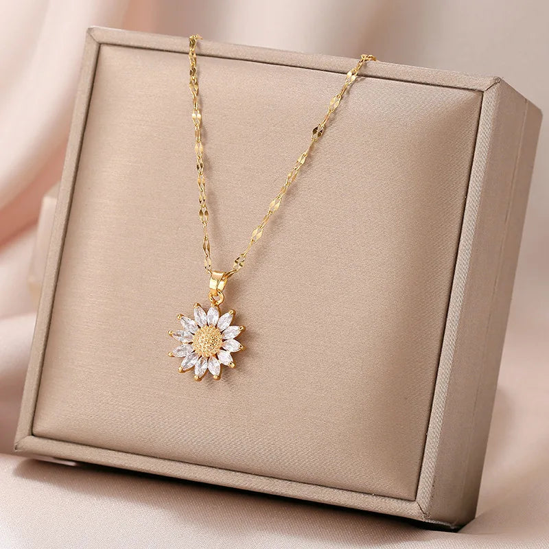 Gold Plated Sunflower Necklace for Women – Titanium Steel Zircon Pendant, Korea Style Luxury Choker Jewelry