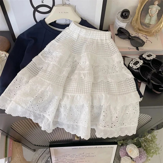 Kids Clothes For Girls Skirts Children Spring Lace Layered Dress Toddler White Casual Long Skirt Kids Fashion Clothing 2-8Y