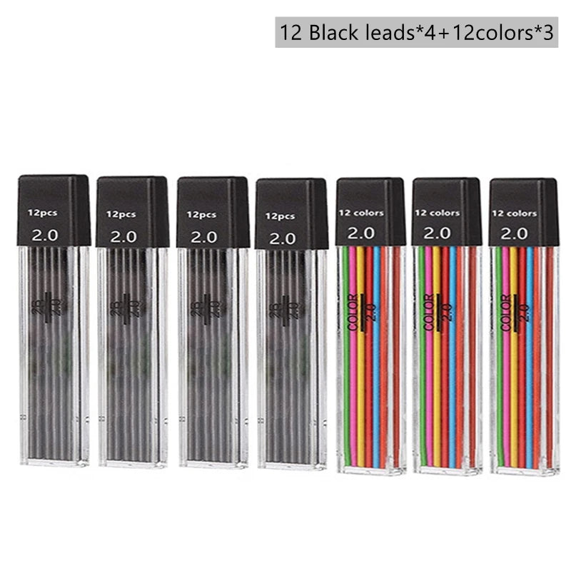 Mechanical Pencil Set 2.0 mm with 2B Black/Colors Lead Refill For Writing Sketching Art Drawing Painting School Automatic Pencil