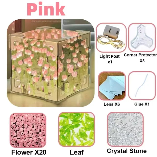Creative DIY Tulip Flower Sea Cube Three-Dimensional Small Night Lamp Material Package for Girlfriend Couple Girlfriend Gift