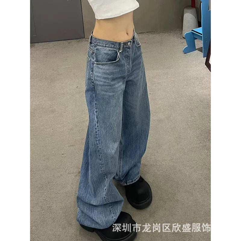 Gradient Spring 2025 Blue Jeans Women Y2K Vintage High Waisted Jeans Straight Streetwear Loose Large Wide Leg Denim Pants