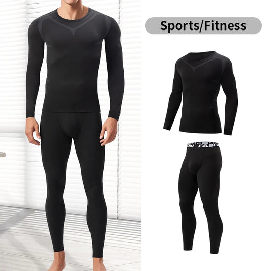 2/4 Pcs Autumn/Winter Men's Black Long sleeved Pants Underwear Set Youth Fitness Running Base Sports Shirt Casual Stretch Pants