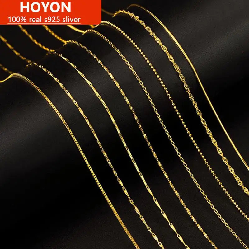 HOYON Pure 14k Gold Plated Necklace – Women’s Real Gold Box, Cross, Snake Bone, Water Wave & Clavicle Chain Jewelry