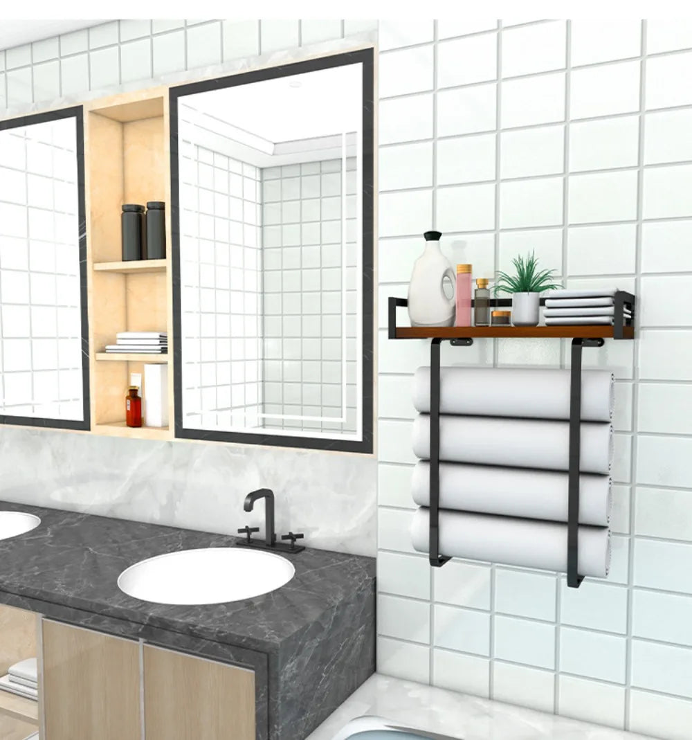 Bathroom Towel Rack Made of Iron and Wooden Wall Mounted Shampoo Shelf Shower Holder Toilet Storage Bar Hardware Accessories