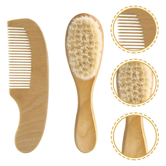 2pcs Baby Comb Set Baby Care Hair Brush Beech Soft Wool Wood Comb Newborn Massager Baby Shower And Gift Baby Hair Soothing