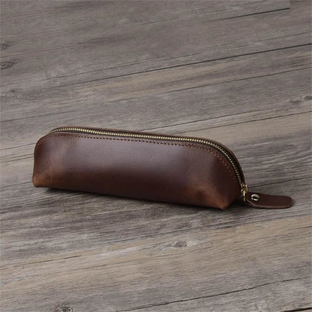 1PC Leather Zipper pencil pen Pouch Bag - Small Travel Makeup Cosmetic Bag - Vintage Coffee