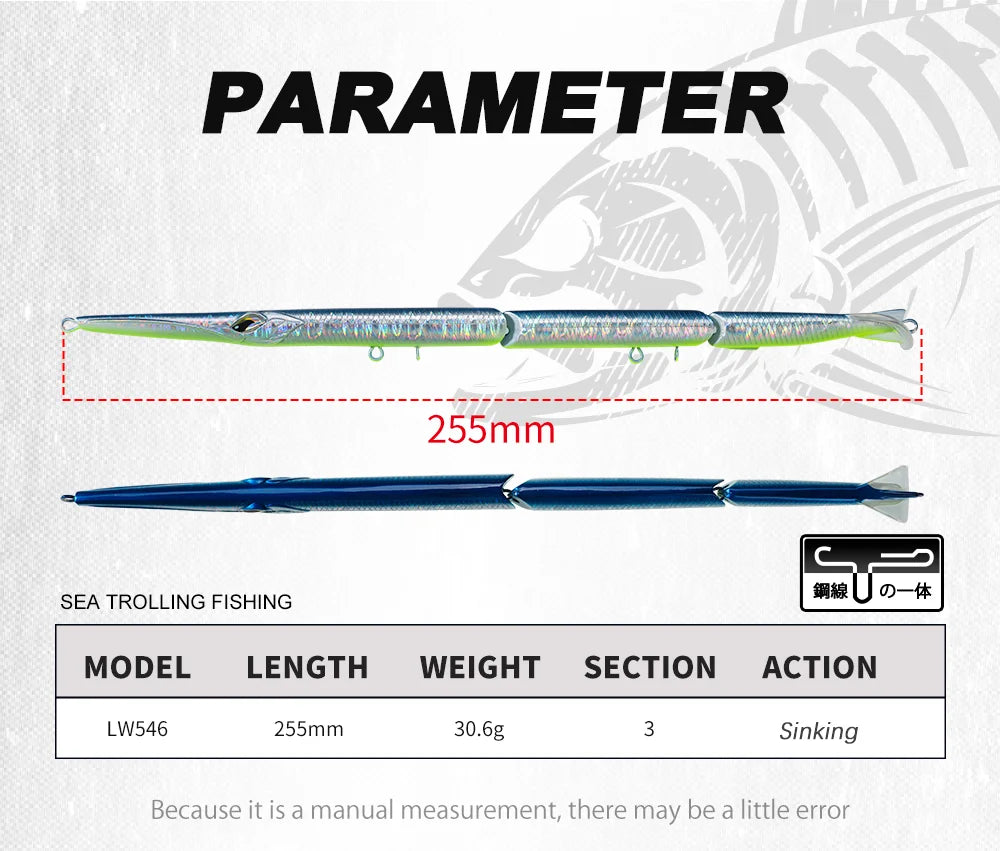 طُعم صيد السمك هانتهاوس المفصل بالقلم الرصاص، مكون من 3 أقسام، 255 مم/30.6 جم، طُعم سباحة غاطس بالإبرة لسمك القاروص الأزرق