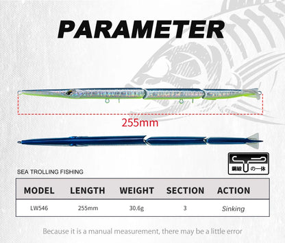 طُعم صيد السمك هانتهاوس المفصل بالقلم الرصاص، مكون من 3 أقسام، 255 مم/30.6 جم، طُعم سباحة غاطس بالإبرة لسمك القاروص الأزرق