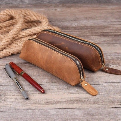 1PC Leather Zipper pencil pen Pouch Bag - Small Travel Makeup Cosmetic Bag - Vintage Coffee