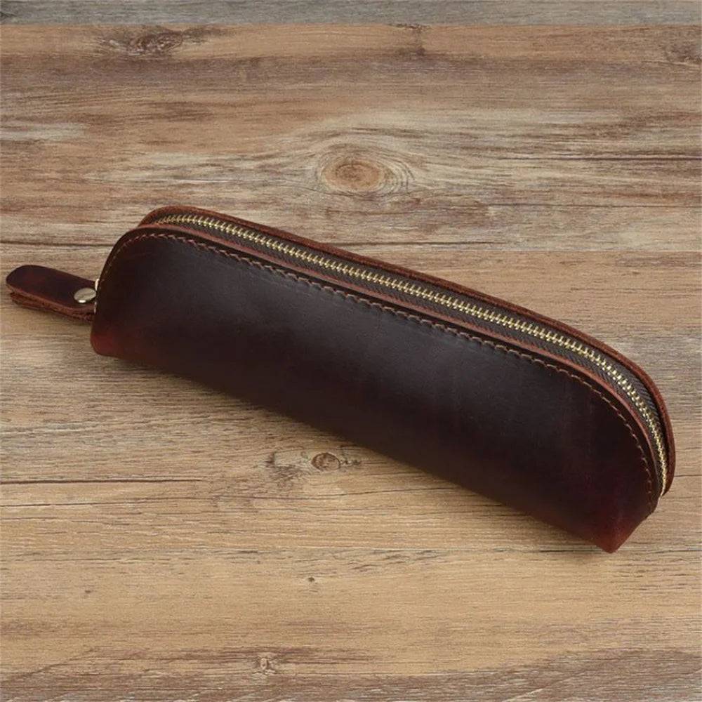 1PC Leather Zipper pencil pen Pouch Bag - Small Travel Makeup Cosmetic Bag - Vintage Coffee