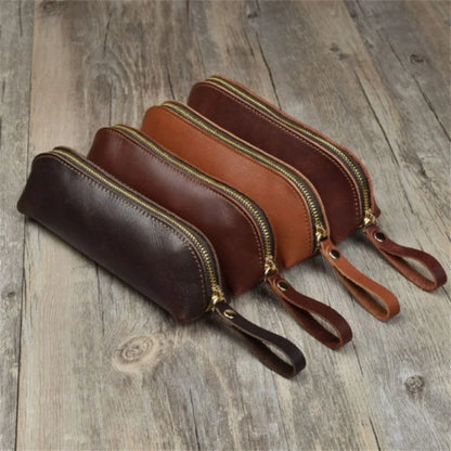 1PC Leather Zipper pencil pen Pouch Bag - Small Travel Makeup Cosmetic Bag - Vintage Coffee