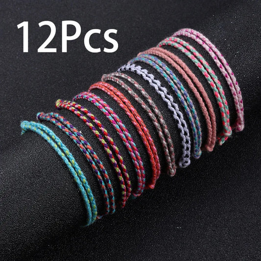 12Pcs/Set Colorful Cotton String Hand-Woven Waterproof Bracelets – Adjustable Bohemian Surf Beach Style