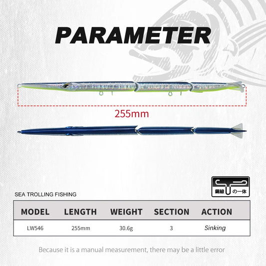 Hunthouse Jointed Pencil Bait 3 Section Fishing Lure 255mm/30.6g Needle Sinking Swimbait For Bluefish Seabass Tackle