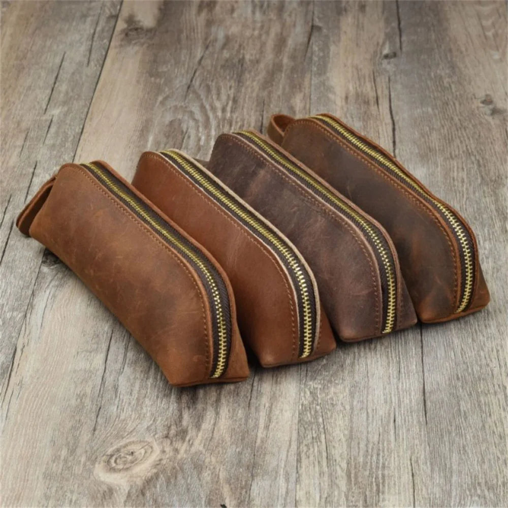 1PC Leather Zipper pencil pen Pouch Bag - Small Travel Makeup Cosmetic Bag - Vintage Coffee