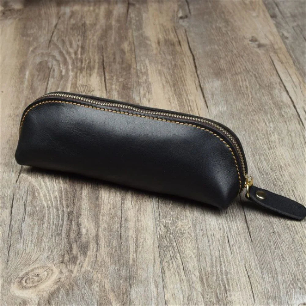 1PC Leather Zipper pencil pen Pouch Bag - Small Travel Makeup Cosmetic Bag - Vintage Coffee